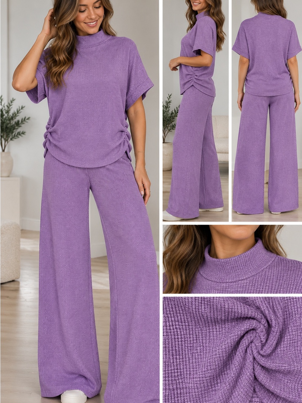 Zenana, Cozy Soft Waffle Knit Wide-Leg Pants Set - Lavender Purple